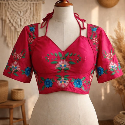AMAB pink semi pure silk blouse with all-over floral print and antique handcrafted embroidery. Halter neck with short sleeves.