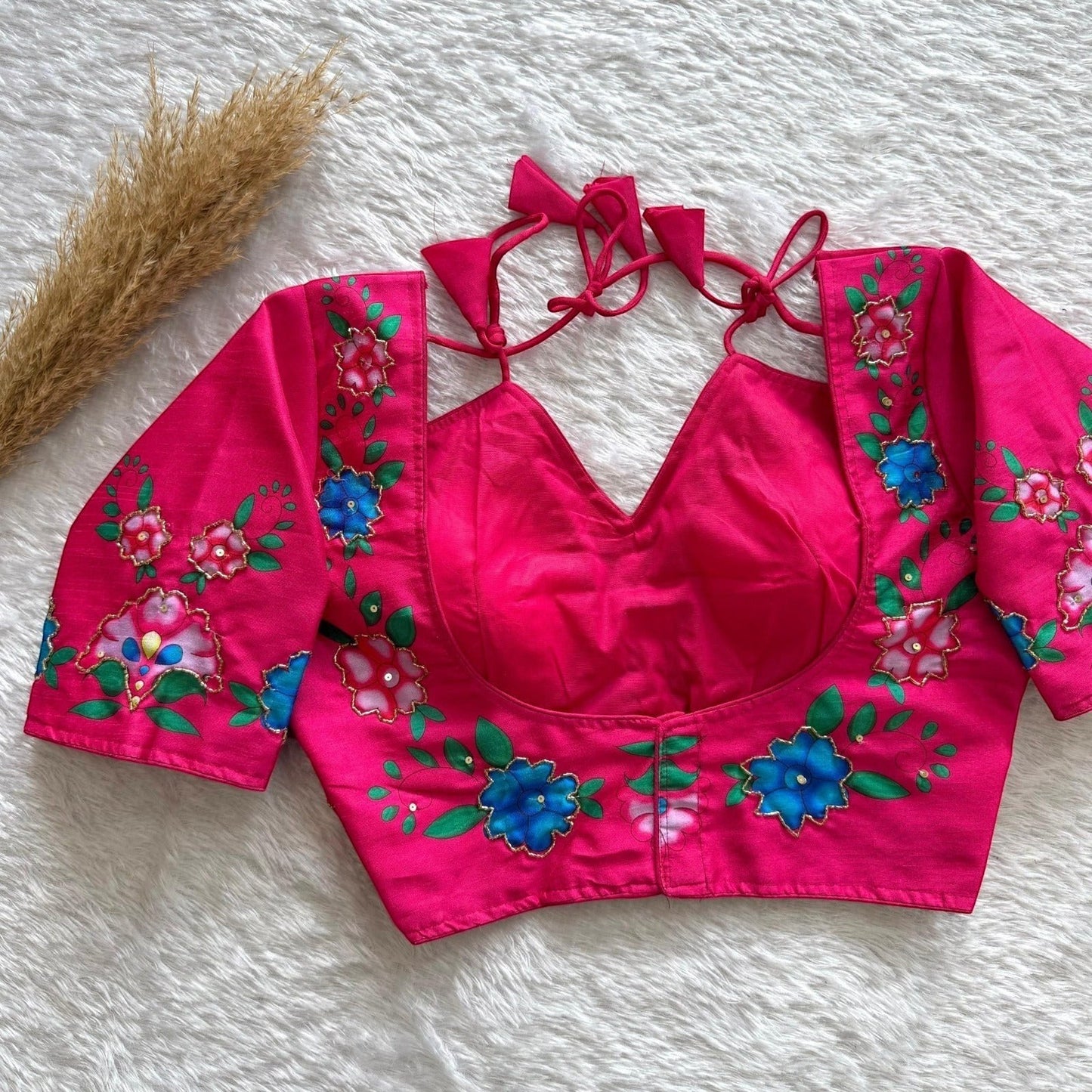 AMAB pink semi pure silk blouse with floral print and antique handcrafted embroidery. V-neck, tie-up back, short sleeves.