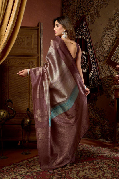 AMAB women's plum silk blend saree with woven floral motifs and a blue border, featuring metallic threads.