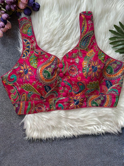 AMA B Pure Natural Crepe Blouse in fuchsia with paisley print, noodle straps, padded cups, and button front.