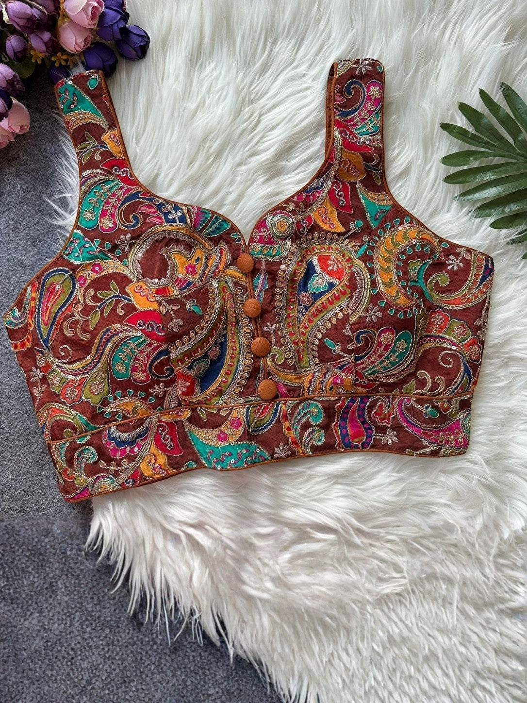 AMA B Pure Natural Crepe Blouse in brown with paisley print, sleeveless, padded, and button front.