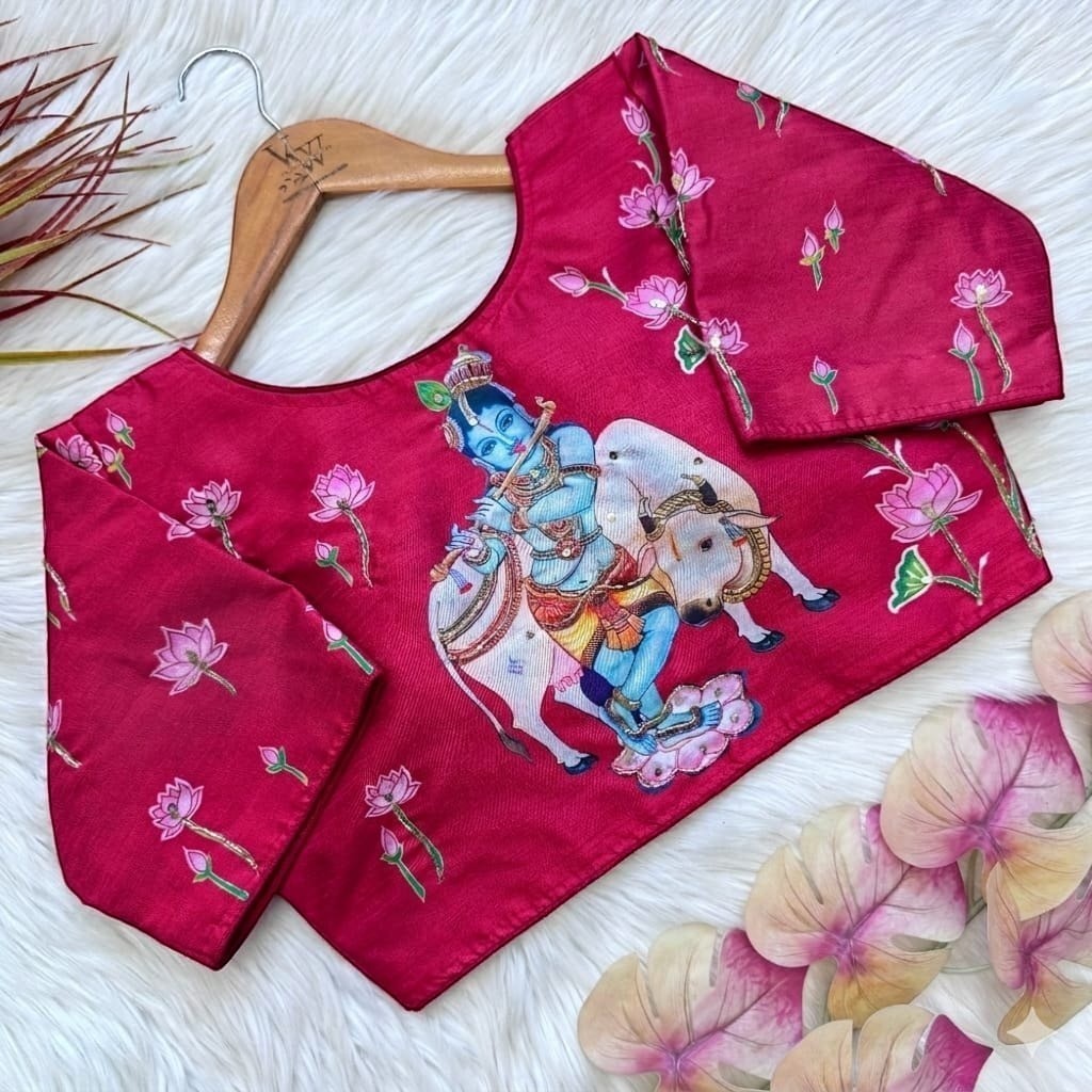 AMAB pure silk blouse in magenta with Krishna print and lotus motifs. Features antique handcrafted work.