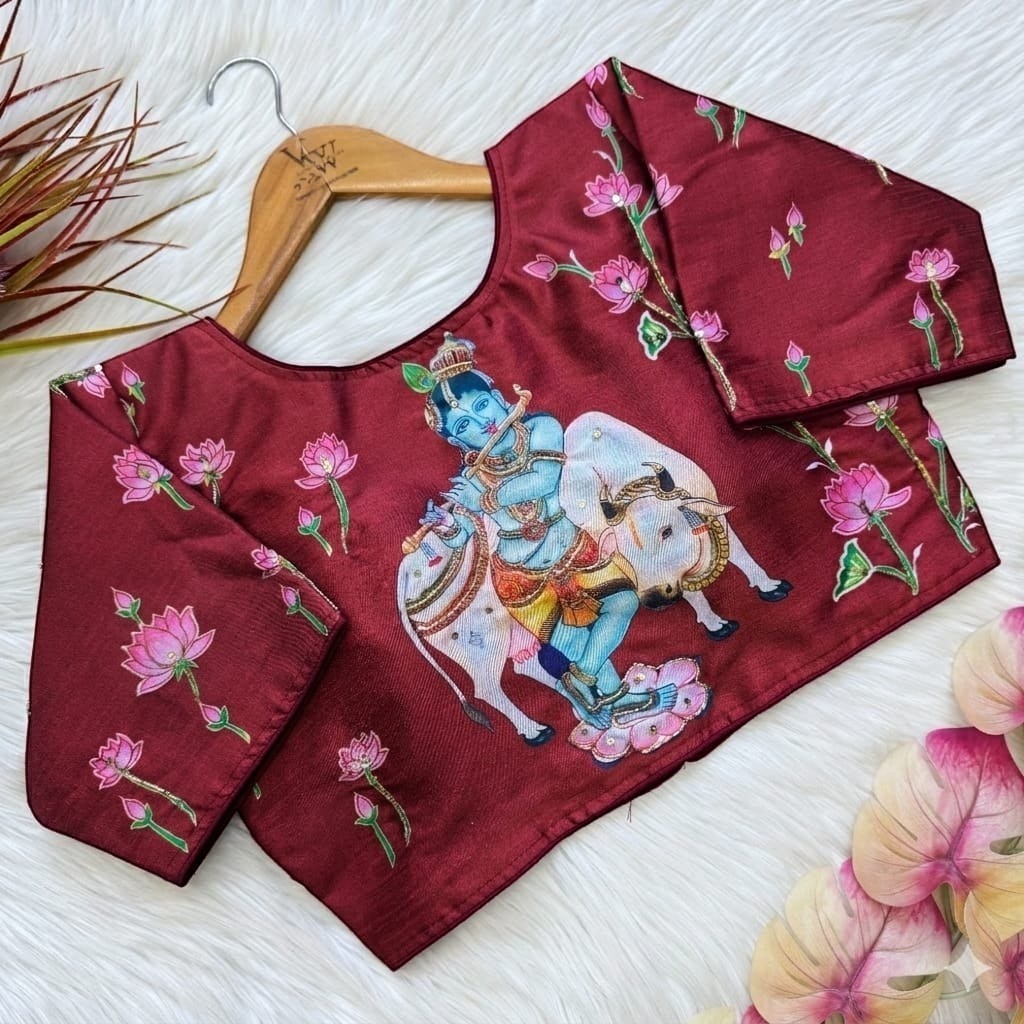 AMAB pure silk maroon blouse with Krishna and Nandi print, lotus floral embroidery, and antique handcrafted work.