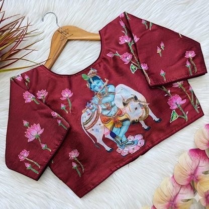 AMAB pure silk maroon blouse with Krishna and Nandi print, lotus floral embroidery, and antique handcrafted work.