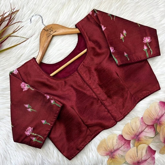 AMAB pure silk maroon blouse with lotus print and antique handcrafted work on sleeves. Elegant ethnic wear.