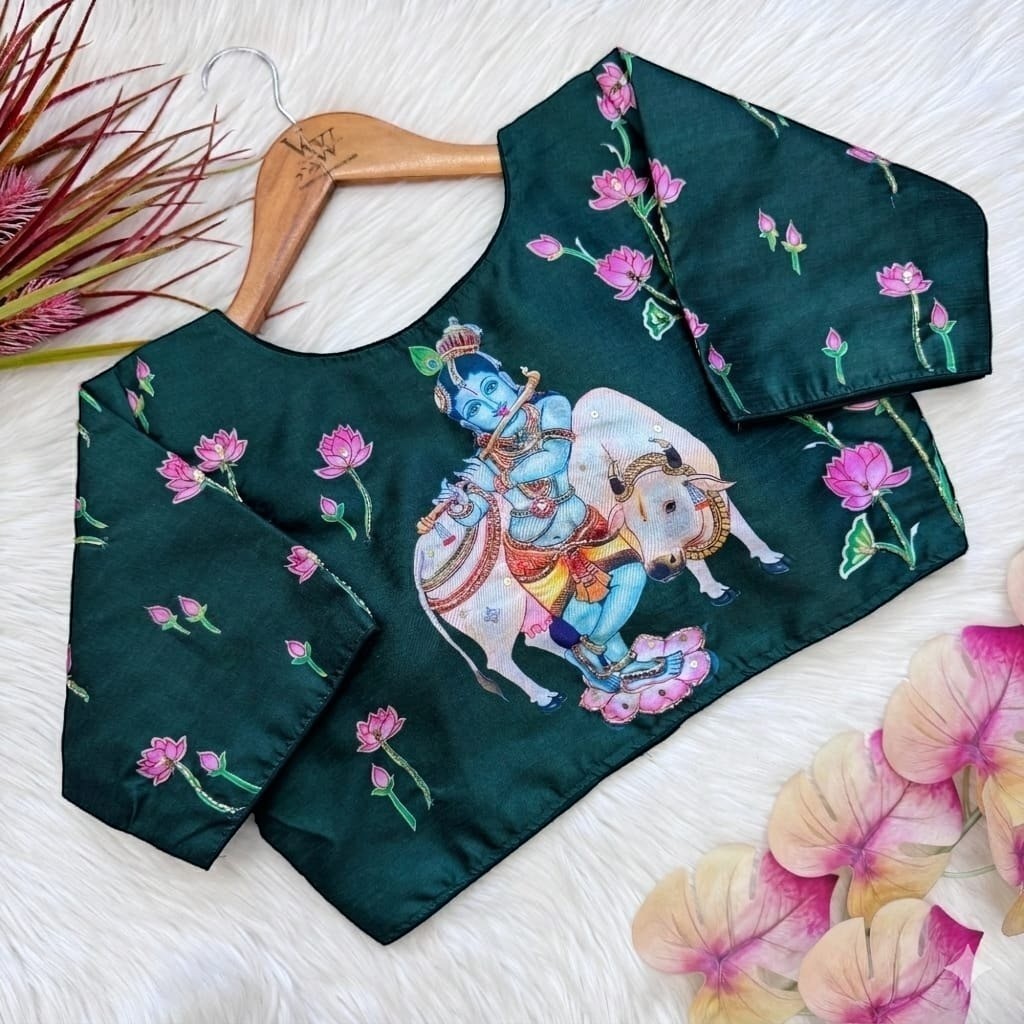 AMAB dark green pure silk blouse with Krishna and bull print, lotus motifs, and antique handcrafted work.