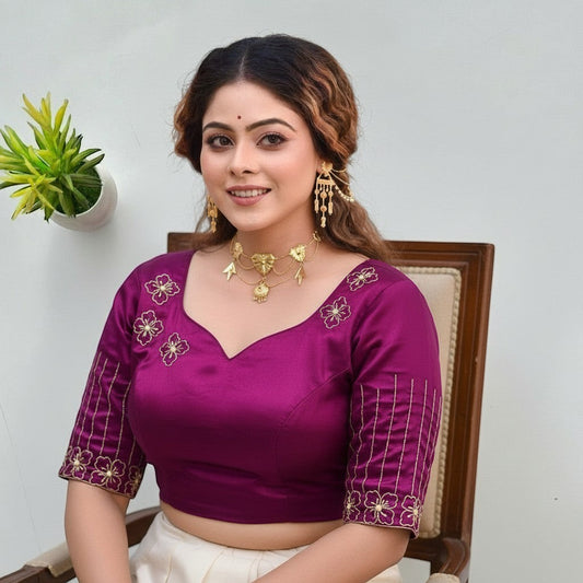 AMAB purple Dilruba silk blouse with golden handwork embroidery on sleeves and neckline, V-neck, padded, 11-inch sleeves.