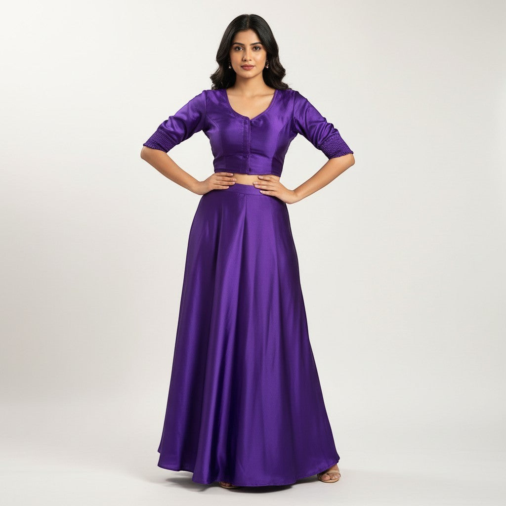 AMAB purple pure silk blouse with elastic fit and padded design. V-neck, 3/4 sleeves with smocked cuffs.