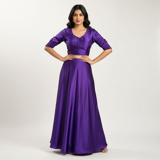 AMAB purple pure silk blouse with elastic fit and padded design. V-neck, 3/4 sleeves with smocked cuffs.