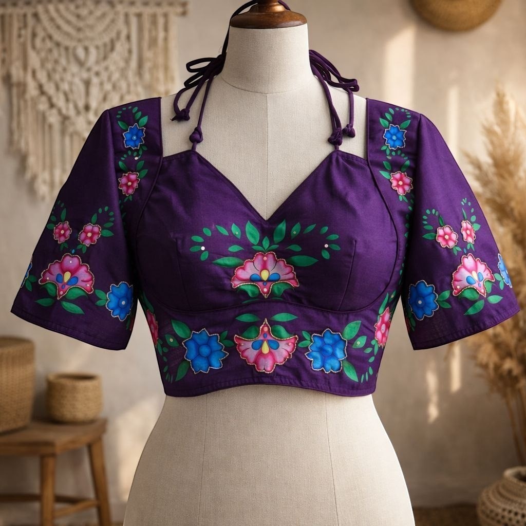 AMAB purple semi pure silk blouse with all-over floral print and antique handcrafted embroidery. V-neck, short sleeves, halter neck tie.