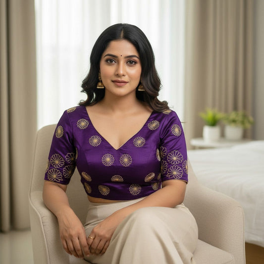 AMAB purple Dilruba silk blouse with golden handwork embroidery, V-neck, short sleeves, and padded fit. Perfect for parties.