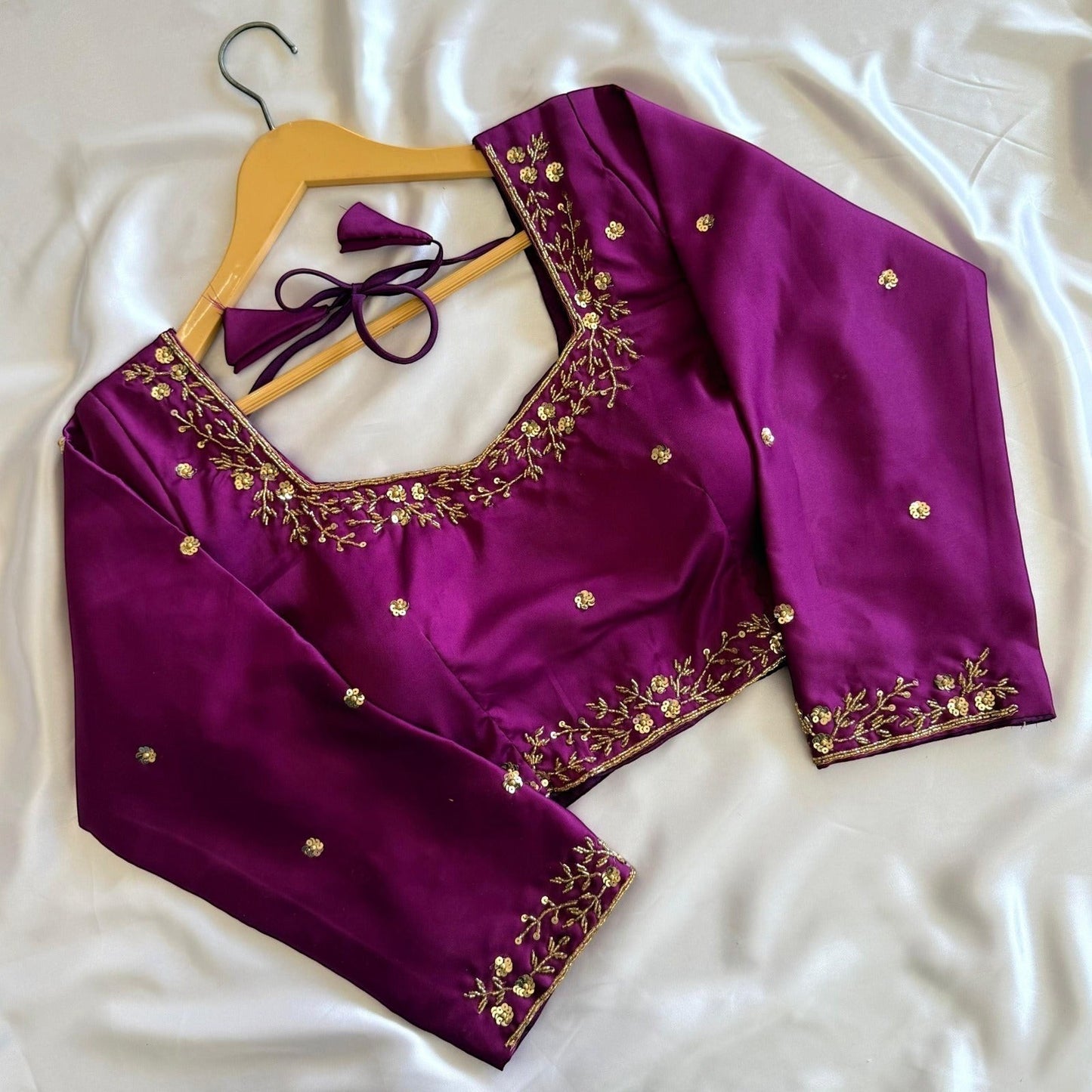 AMAB designer purple Kimora silk blouse with golden handwork, sequence, and 3/4 sleeves. Padded partywear.