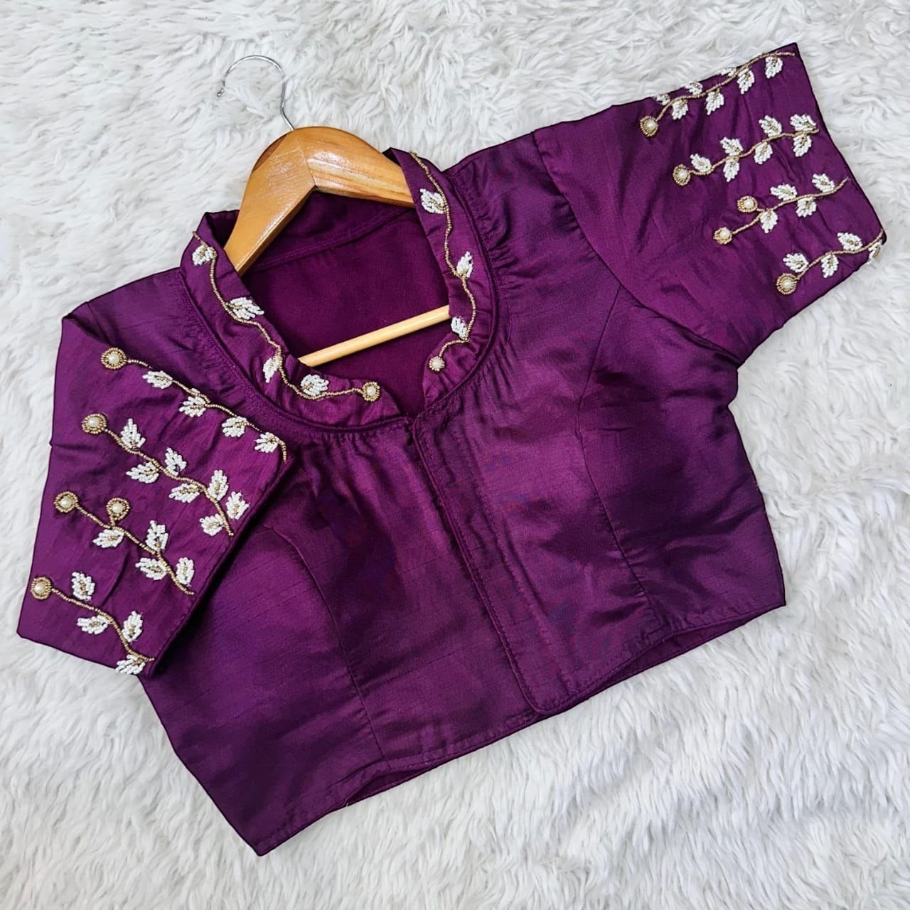 AMAB designer purple silk blouse with handcrafted pearl and gold embroidery on collar and sleeves.