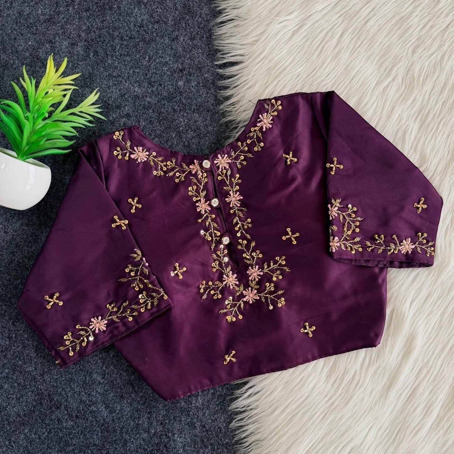 AMAB designer purple butter silk blouse with gold and pink floral handwork on sleeves and back. Padded partywear.