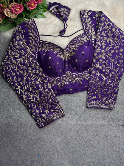 AMAB purple heavy Vichitra silk blouse with long sleeves, jari and sequence embroidery, and back open design.