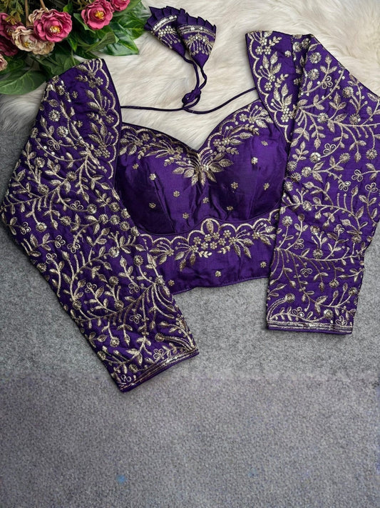 AMAB purple heavy Vichitra silk blouse with long sleeves, jari and sequence embroidery, and back open design.
