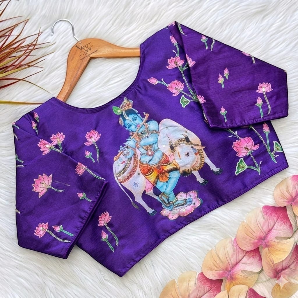 AMAB purple pure silk blouse with Krishna and bull print, lotus motifs, and antique handcrafted work. Elegant ethnic wear.