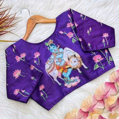 AMAB purple pure silk blouse with Krishna and bull print, lotus motifs, and antique handcrafted work. Elegant ethnic wear.