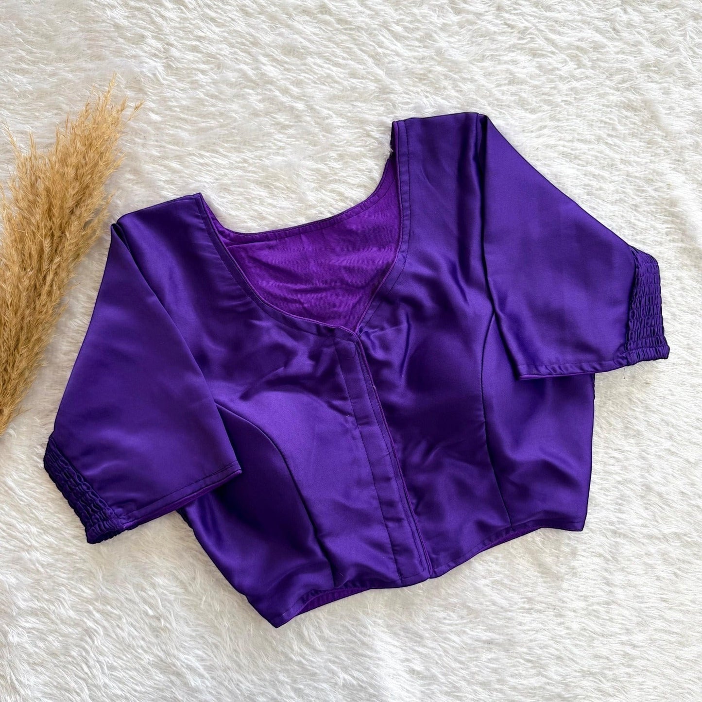 AMAB purple pure silk blouse with elastic fit, padded comfort, and V-neck.