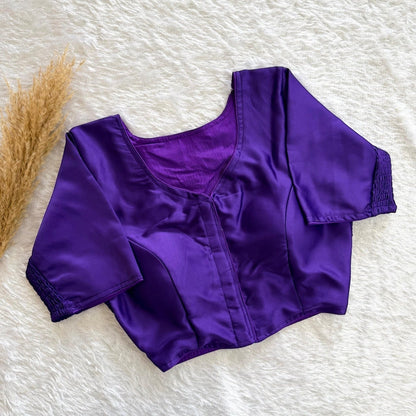 AMAB purple pure silk blouse with elastic fit, padded comfort, and V-neck.