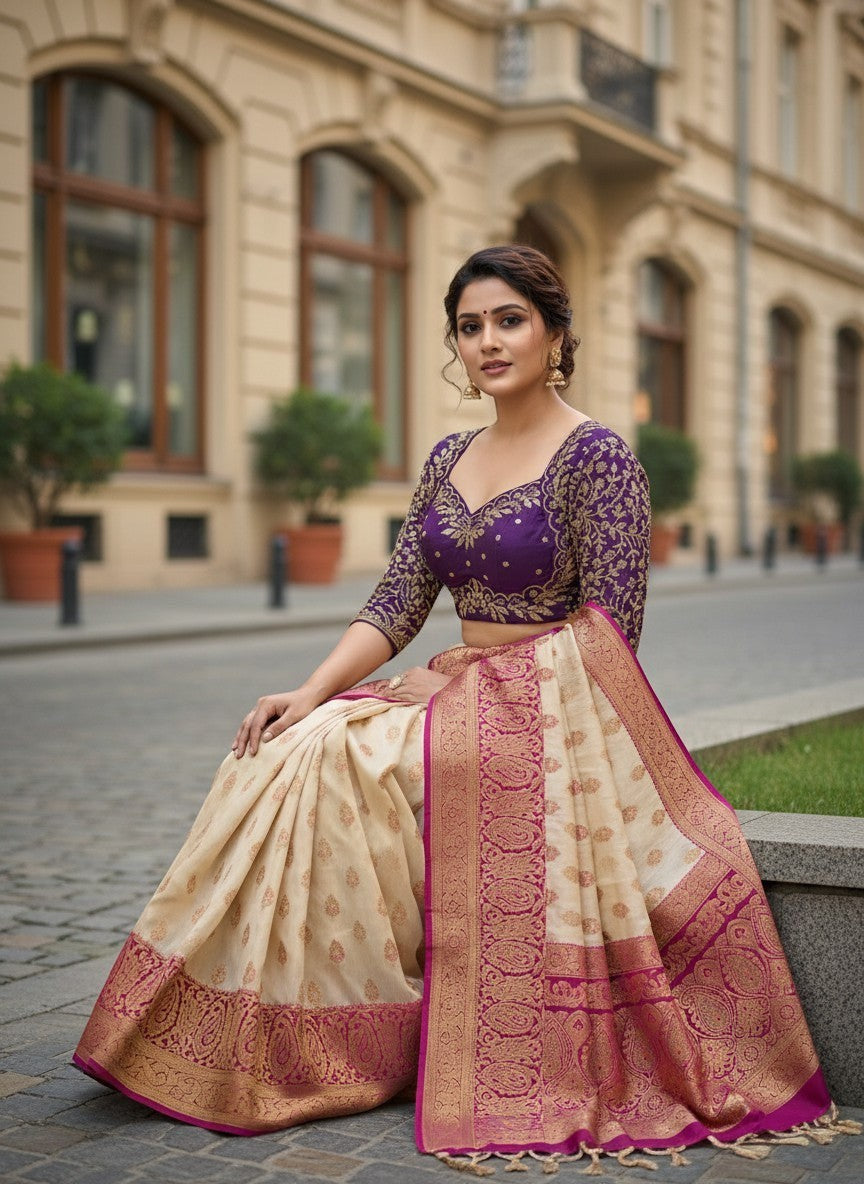 AMAB purple heavy Vichitra silk blouse with jari sequence work and long sleeves, paired with a cream saree.