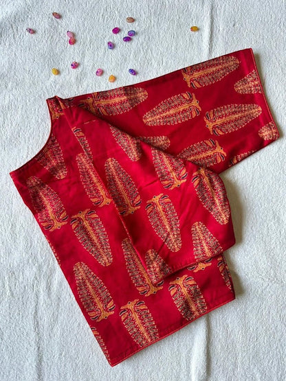 AMAB red pure cotton Ajrakh handblock print blouse with boat neck and elbow sleeves.