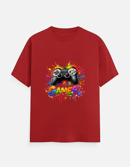 AMAB red cotton t-shirt with graphic print of a video game controller and the word GAMER in graffiti style.