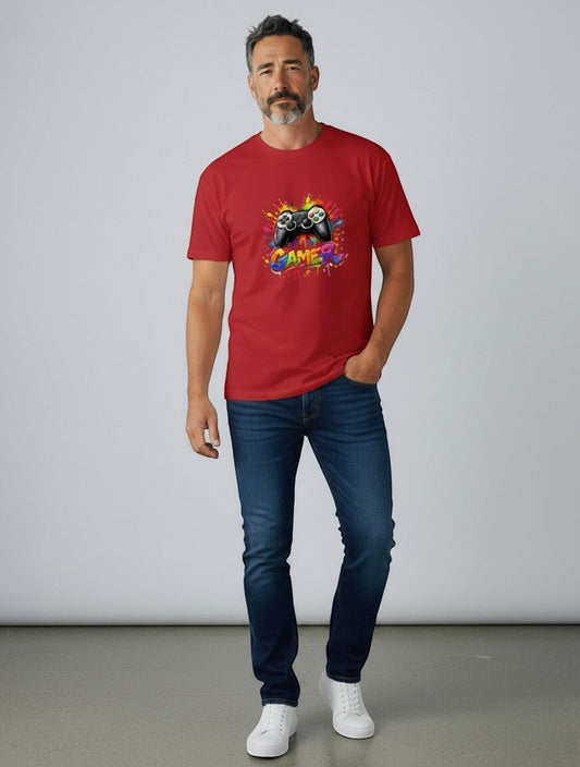 AMAB red cotton t-shirt with graphic print of a video game controller and colorful paint splatters.