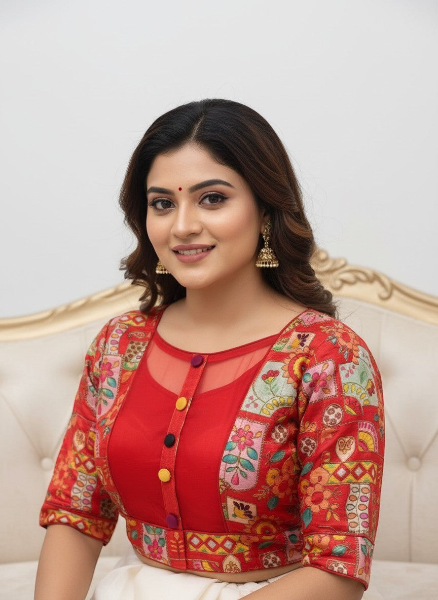 AMAB red Malai silk blouse with multi-color floral print and sheer neckline, featuring colorful front buttons.