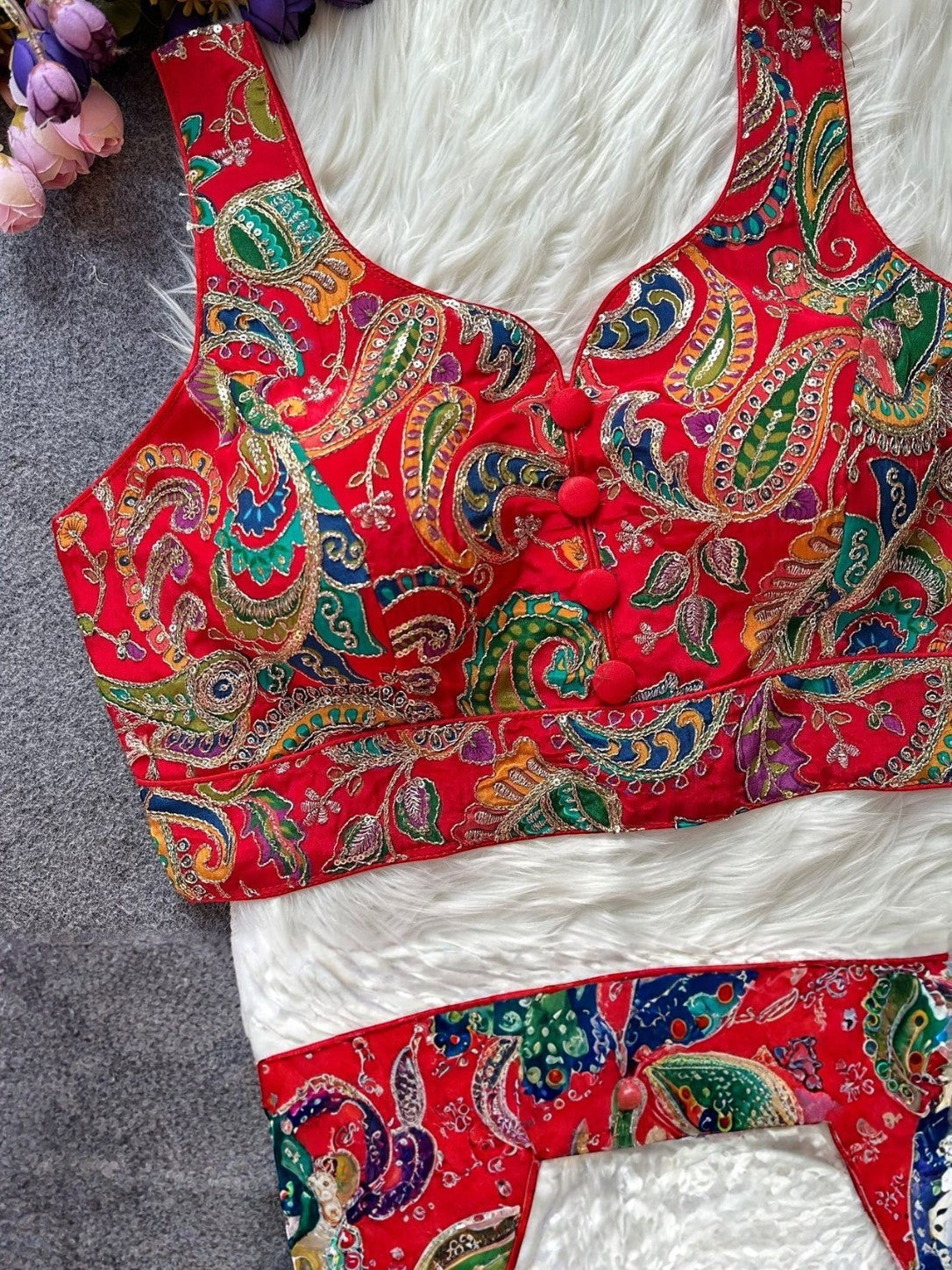AMA B red paisley print crepe sleeveless padded blouse with noodle straps and button detail