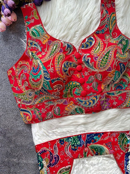 AMA B red paisley print crepe sleeveless padded blouse with noodle straps and button detail