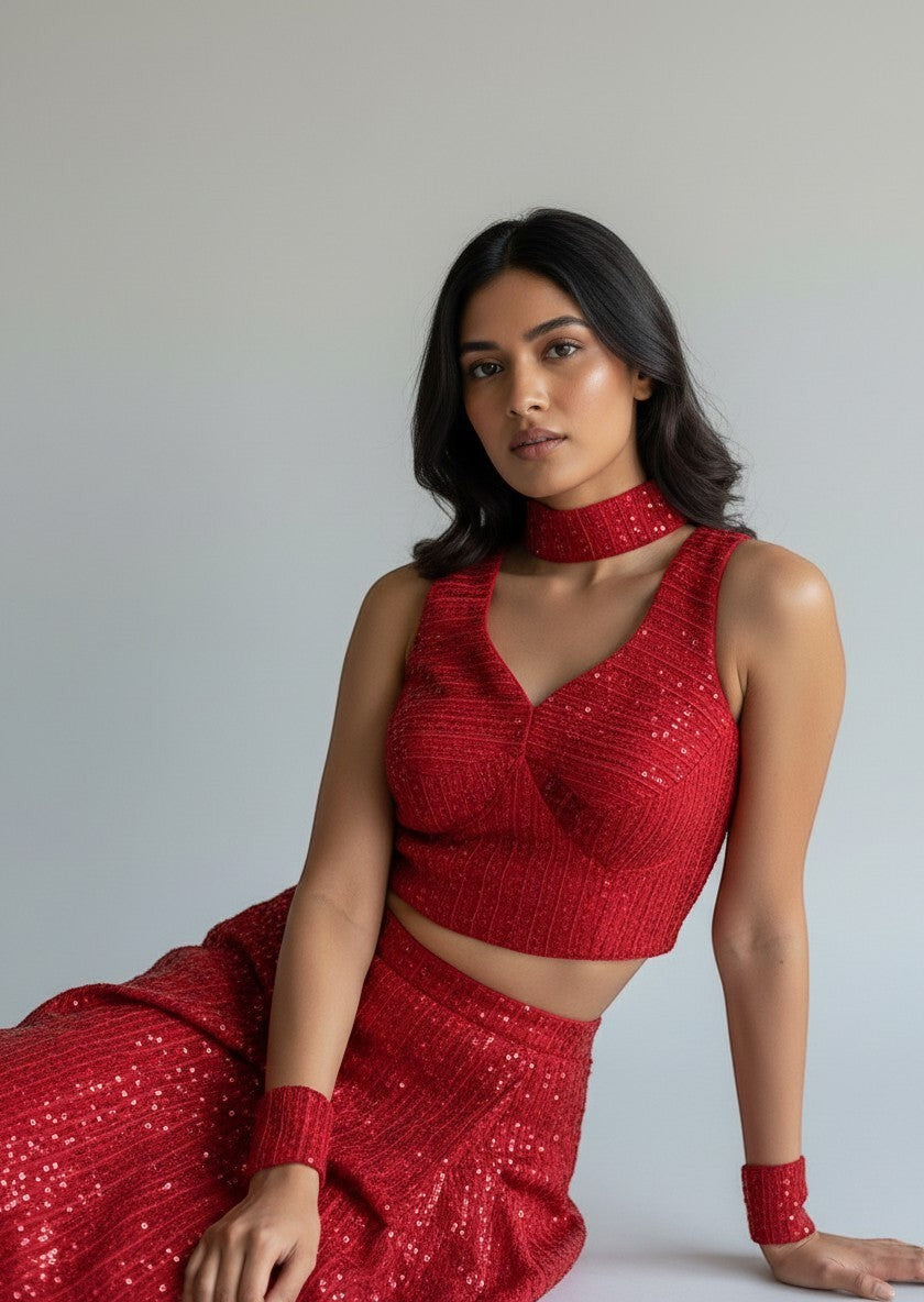 AMAB Red heavy georgette partywear blouse with deep V-neck, embroidery, and sequence work. Includes matching choker and wrist cuffs.