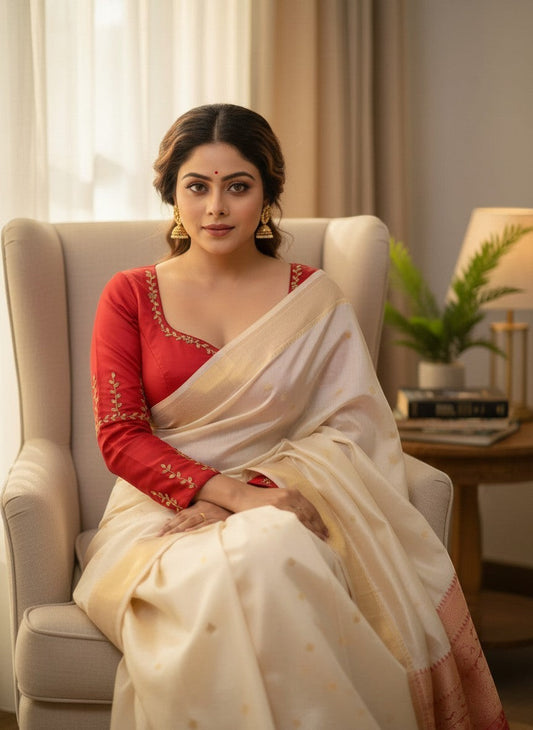 AMAB red silk blouse with gold embroidery and 3/4 sleeves, paired with a cream saree. Festive wear.