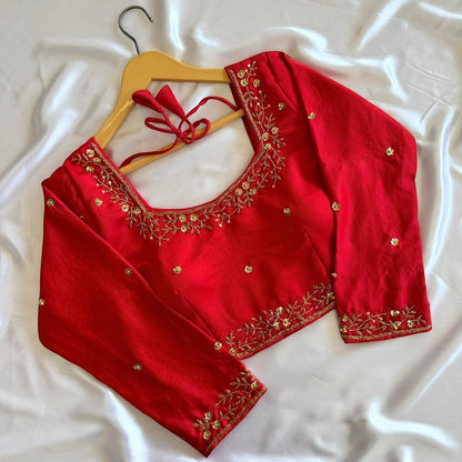 AMAB red Kimora silk blouse with golden handwork, sequence, and 3/4 sleeves. Padded partywear.