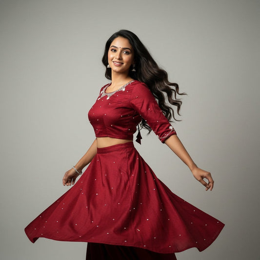 AMAB red silk blouse with all-over handwork, padded designer ethnic style, 3/4 sleeves, and tassel detail.