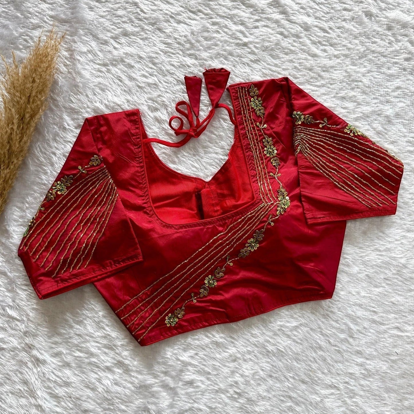 AMAB red soft silk blouse with heavy gold handwork on sleeves and back, padded, square neck, tie closure.