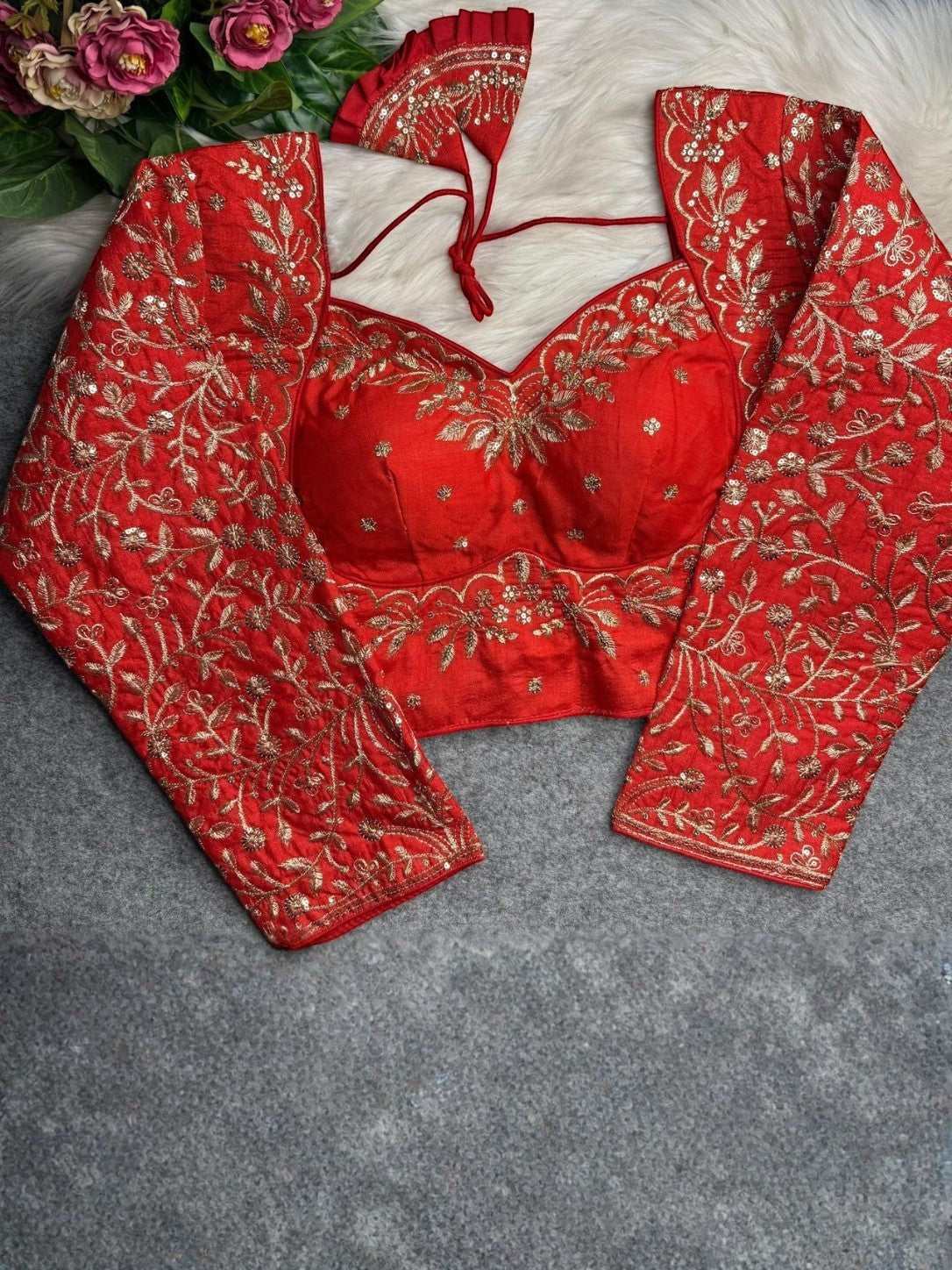 AMAB red heavy Vichitra silk blouse with gold jari and sequence embroidery, long sleeves, and back open design.