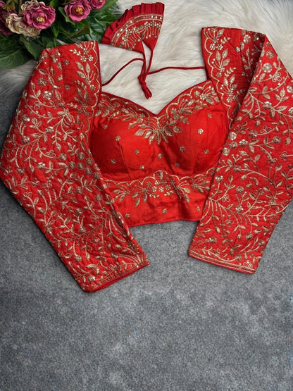AMAB red heavy Vichitra silk blouse with gold jari and sequence embroidery, long sleeves, and back open design.