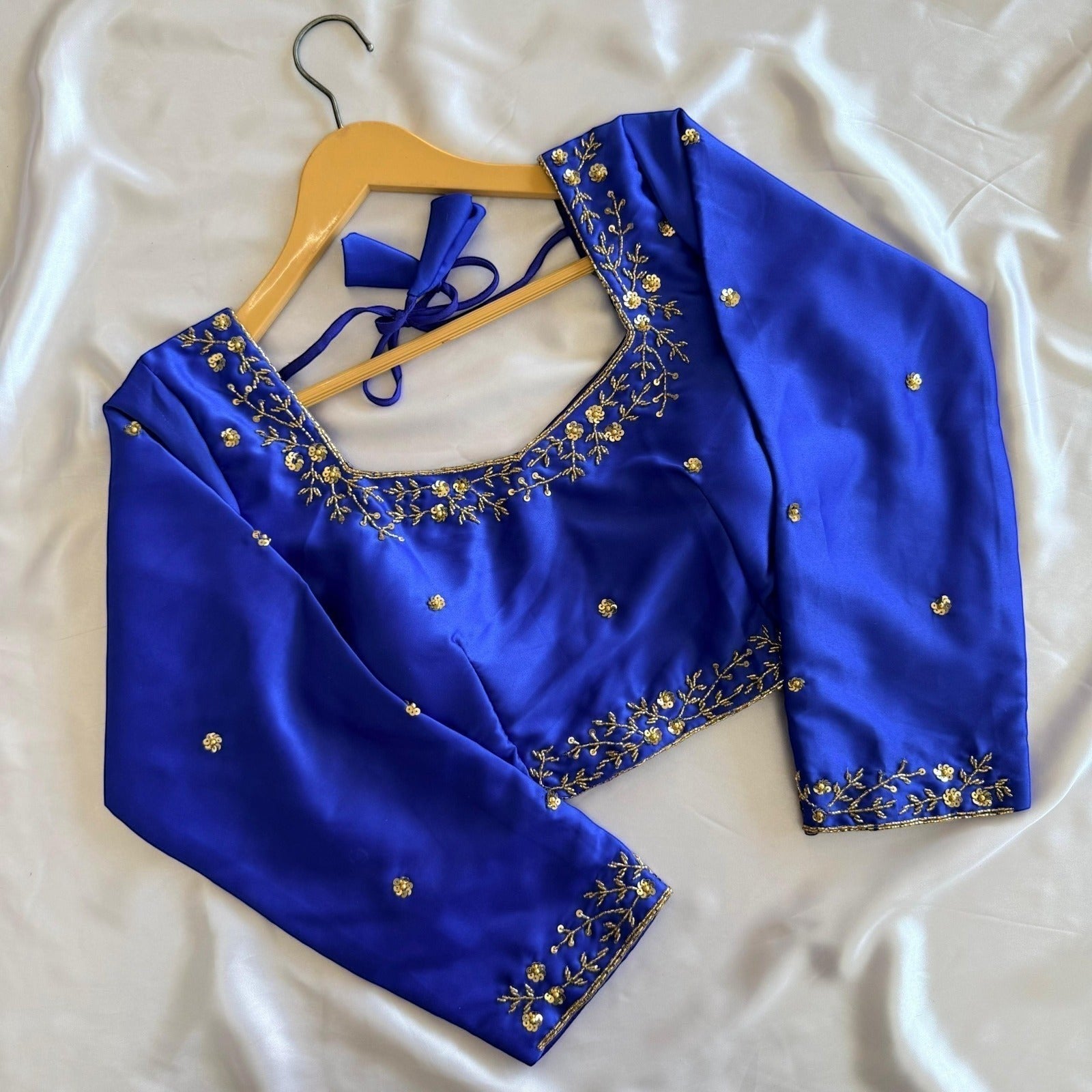 AMAB royal blue Kimora silk blouse with golden handwork and sequence detailing, 3/4 sleeves, padded, square neck.