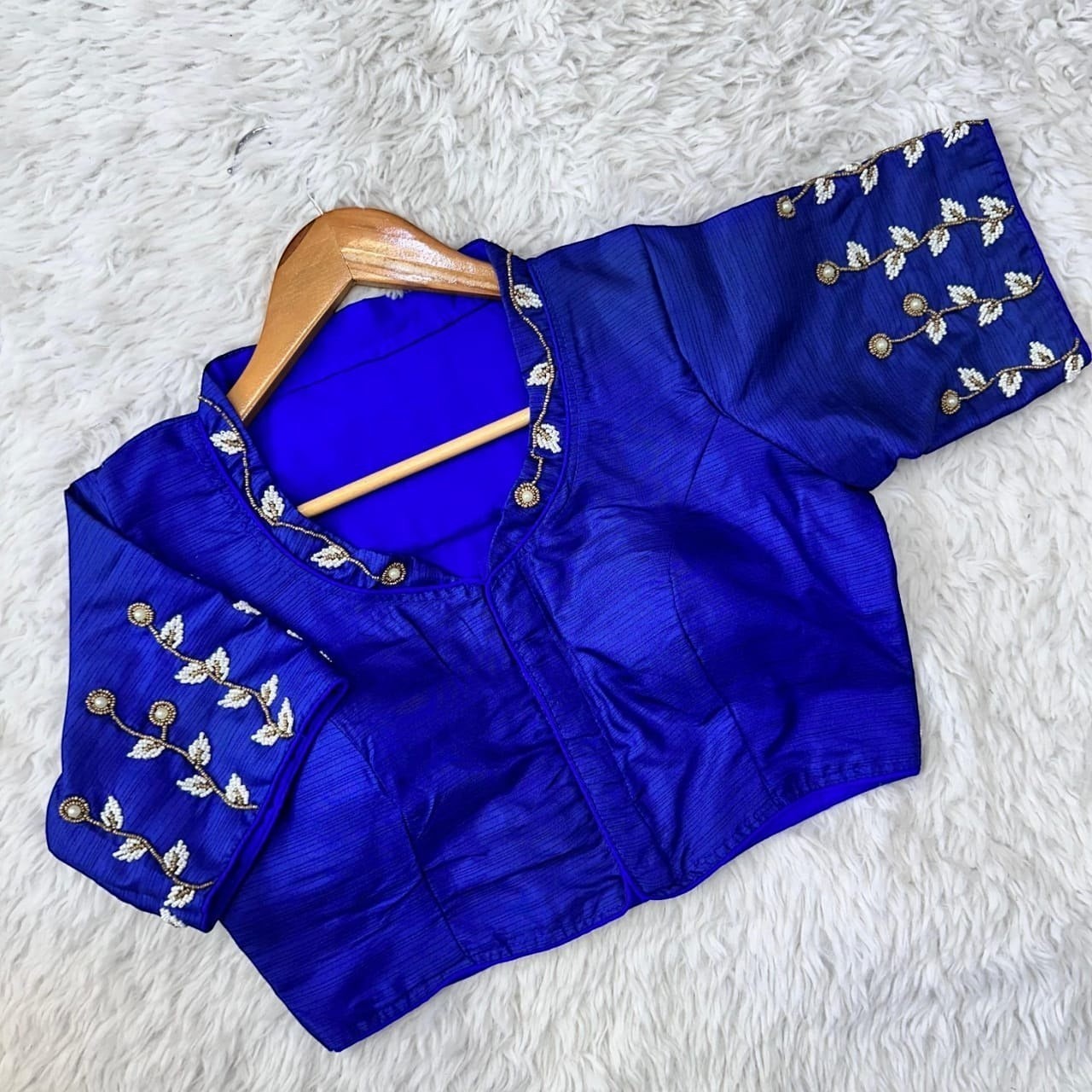 AMAB royal blue silk blouse with handcrafted leaf embroidery on collar and sleeves, ideal for partywear.