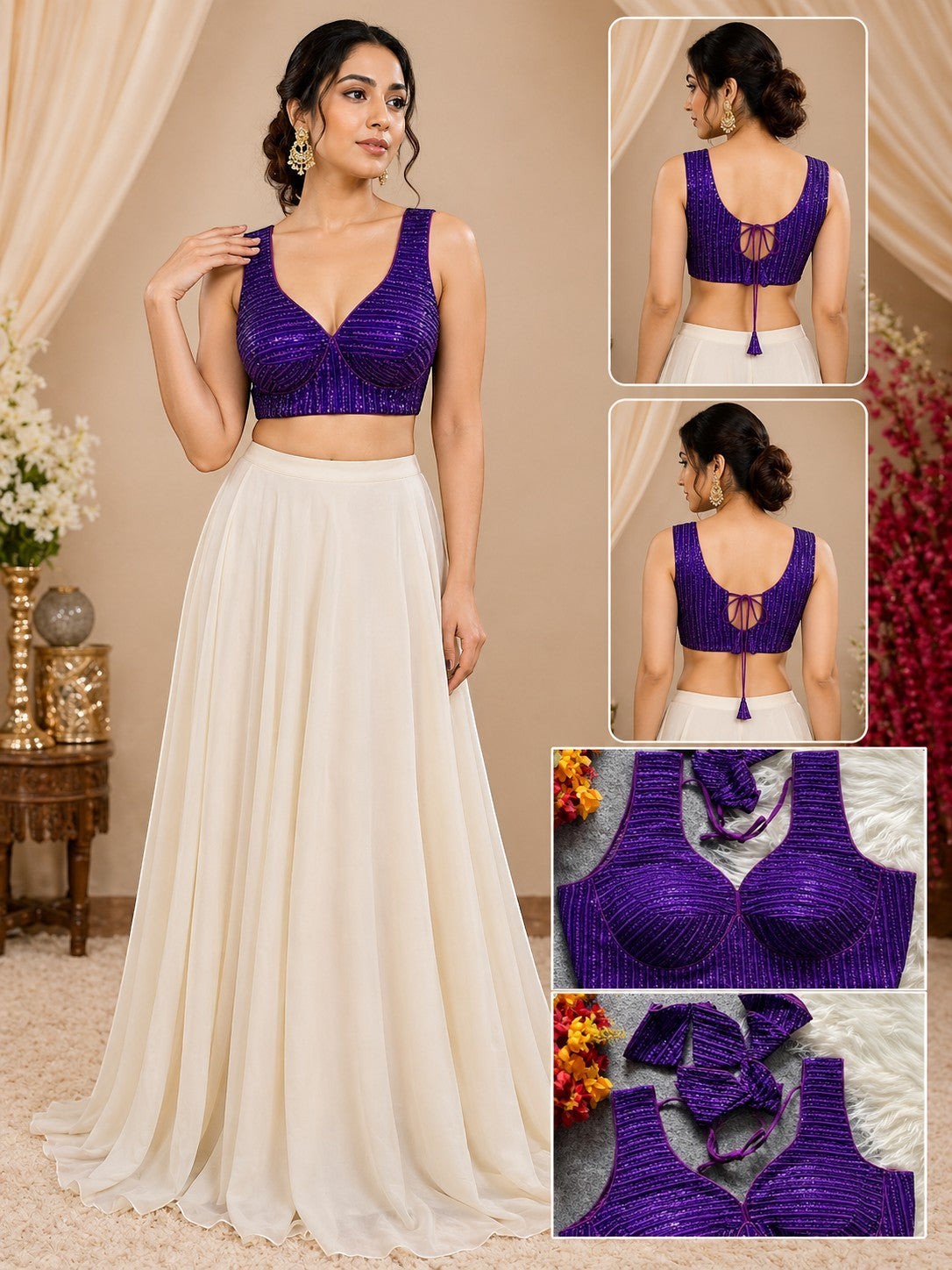 AMAB RUHI FASHION 1012 deep neck purple sequin partywear blouse with back tie closure.