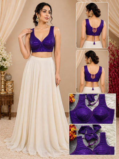 AMAB RUHI FASHION 1012 deep neck purple sequin partywear blouse with back tie closure.