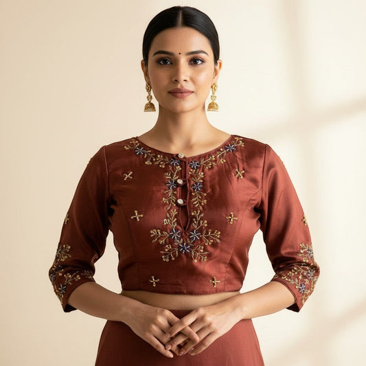 AMAB designer rust butter silk blouse with intricate handwork embroidery on neckline and sleeves. Padded partywear.