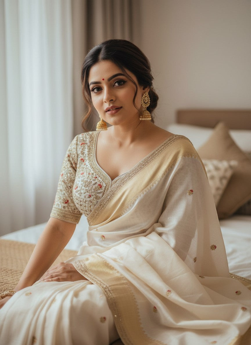 AMAB Sabyasachi-inspired bridal blouse in Roman silk with gold zari and sequence embroidery. Back open design.