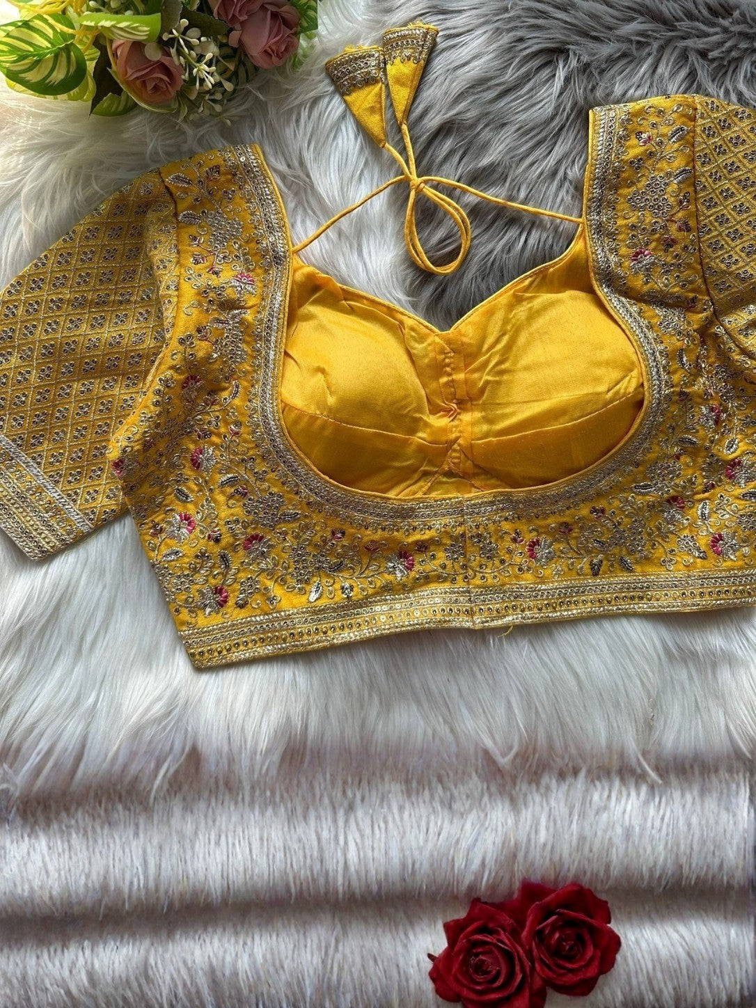 AMAB Sabyasachi-inspired yellow Roman silk bridal blouse with gold zari and sequence embroidery. Back open design with handmade hooks.