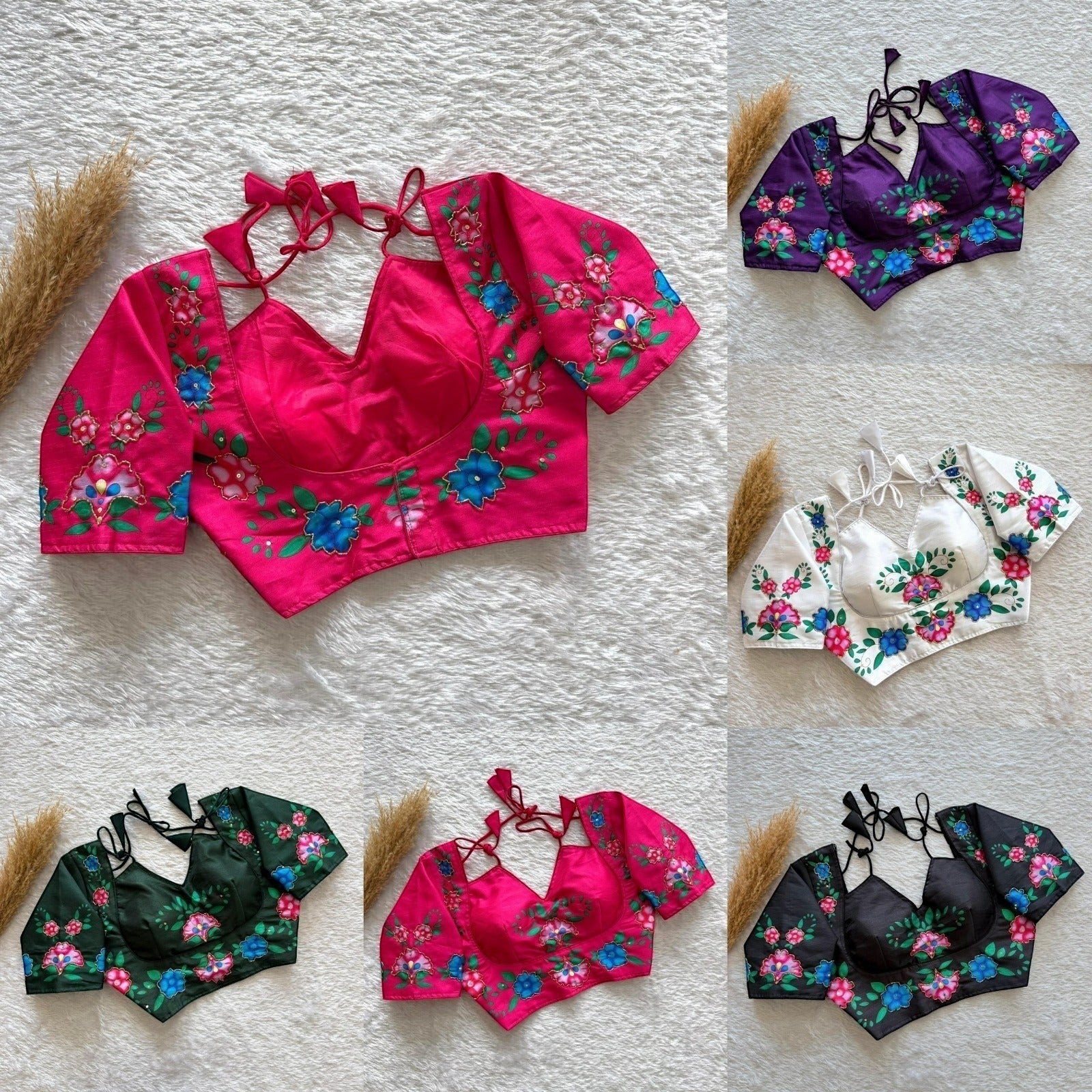 AMAB semi pure silk blouse with antique handcrafted floral embroidery in pink, purple, white, green, and black.