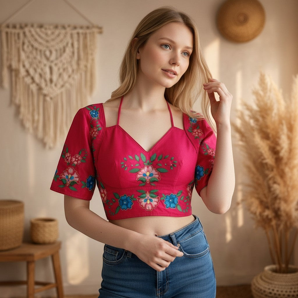 AMAB hot pink semi pure silk blouse with floral embroidery and antique handcrafted work, V-neck, short sleeves.