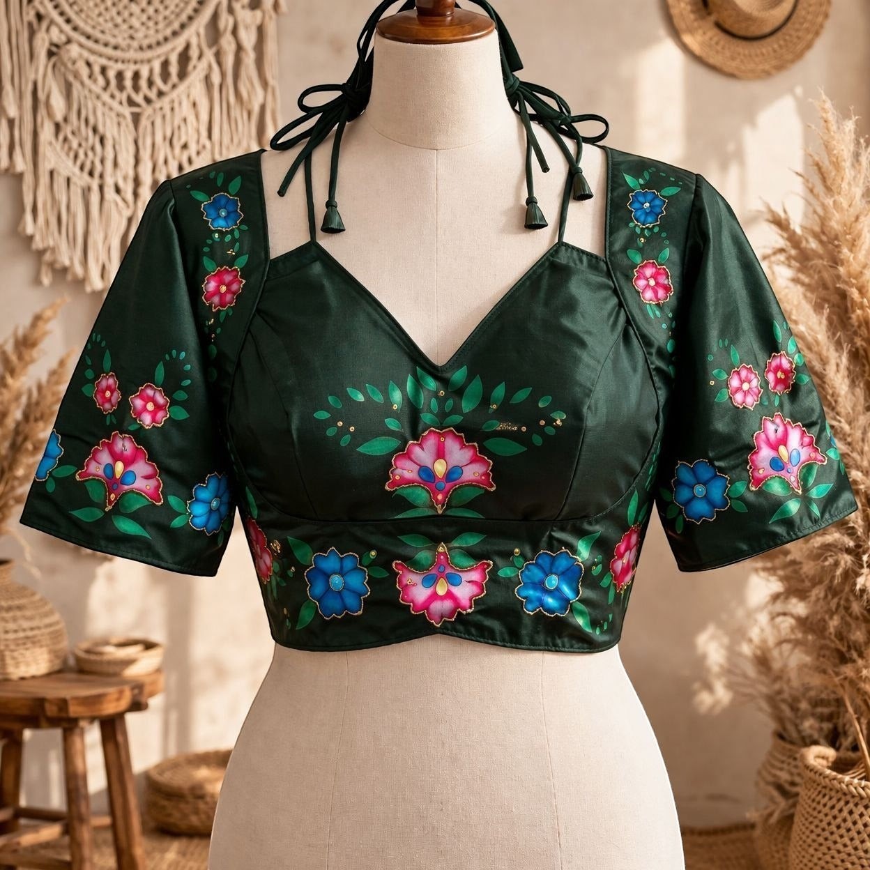 AMAB dark green semi pure silk blouse with floral print and antique handcrafted work. V-neck, short sleeves.