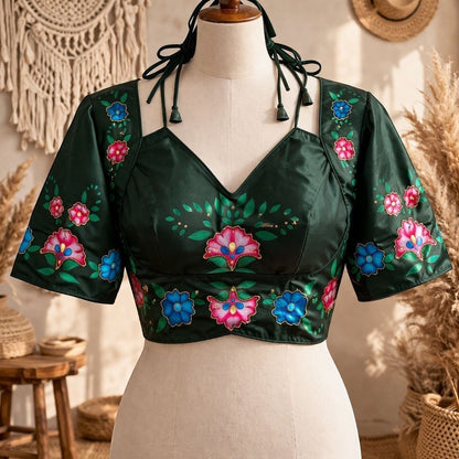 AMAB dark green semi pure silk blouse with floral print and antique handcrafted work. V-neck, short sleeves.