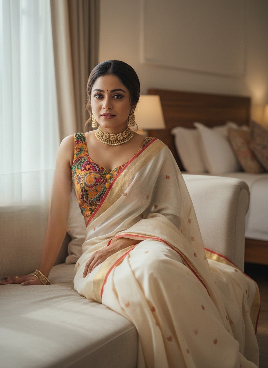 AMAB sleeveless cream blouse with colorful embroidered yoke and gold trim, padded back open design.